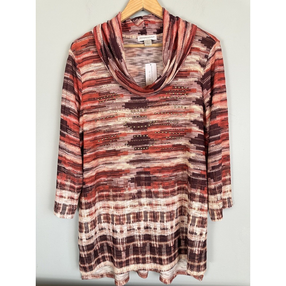 Christopher & Banks Aztec Cowl Neck Studded Accent 3/4 Sleeve Shirt Size XL New